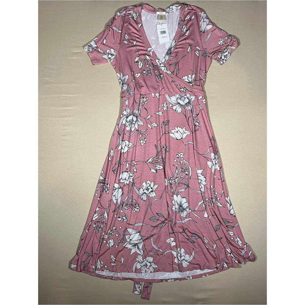 Matty M Womens Blush Pink Floral Faux Wrap Midi Dress Short Sleeve Medium NWT